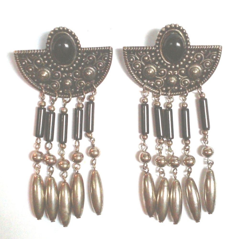 Vintage 80s Navaho Style Big Dangle Fringe Earrings
